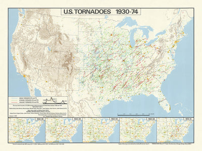 Old Map of US Tornado Activity 1930-1974 by Fujita & Pearson: Paths, Death Statistics, Tornado Alley