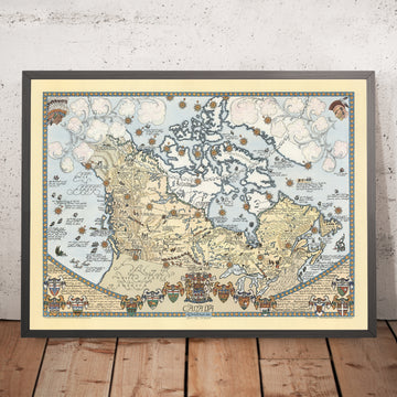 Mappa Pittorica Antica del Canada di Furse, 1964: Rocky Mountains, Grandi Laghi, Montreal, Baia di Hudson, Fauna 