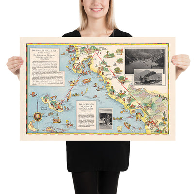 Pictorial Map of Los Angeles to Catalina Airline Route, 1929: Western Air Express, Casino Resort, Tri-Motored Fokker, Santa Monica, Pasadena