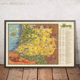 Mapa pictórico del suroeste de Francia por Flornoy Jean, 1950: Toulouse, Burdeos, Pirineos, río Garona, Camino de Santiago 