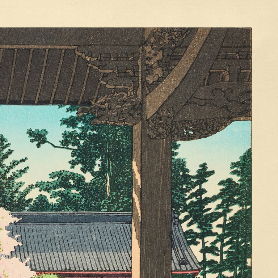 Árboles en flor en el Templo Myohonji, Kamakura de Hasui Kawase 1935 