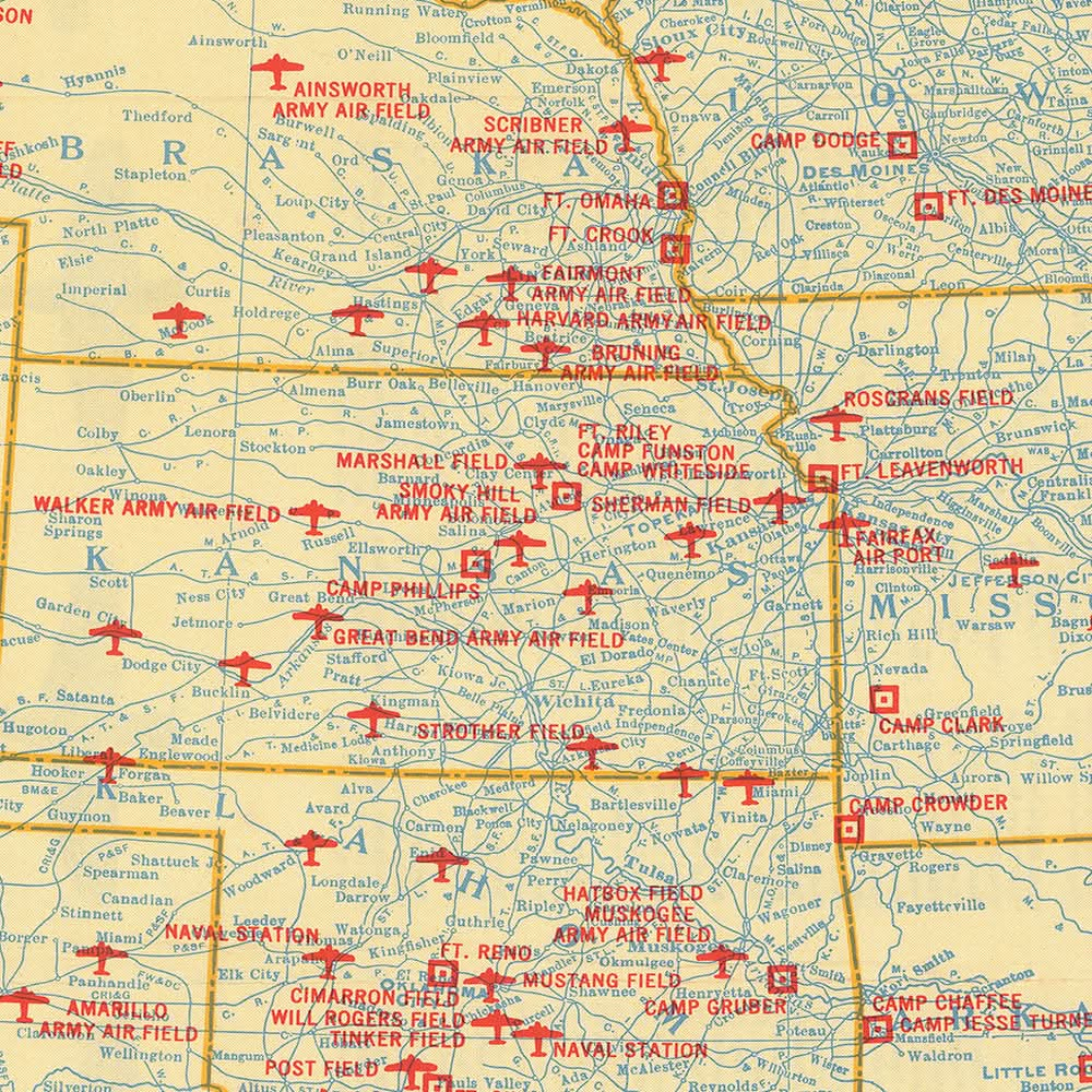 Alte Militärkarte der Vereinigten Staaten von Rand McNally, 1944: NYC, LA, Chicago, Flugplätze, Marinestützpunkte