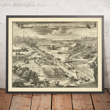 Old Map of the Road into Rome by Halma, 1704: Aqueducts, Tiber Bridge, Arch, Fortress Walls, Temples