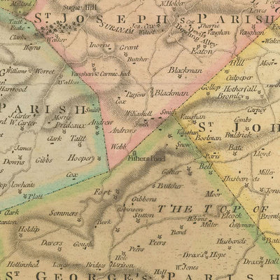 Mapa antiguo de Barbados de Mayo, 1810: Bridgetown, Speightstown, parroquias, fuertes, rosa de los vientos