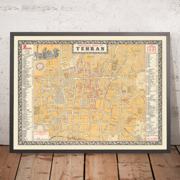 Alter Straßenplan von Teheran von Sahab, 1961: Moscheen, Universität Teheran, Botschaften, Park-e-Shahr, Hauptstraßen 