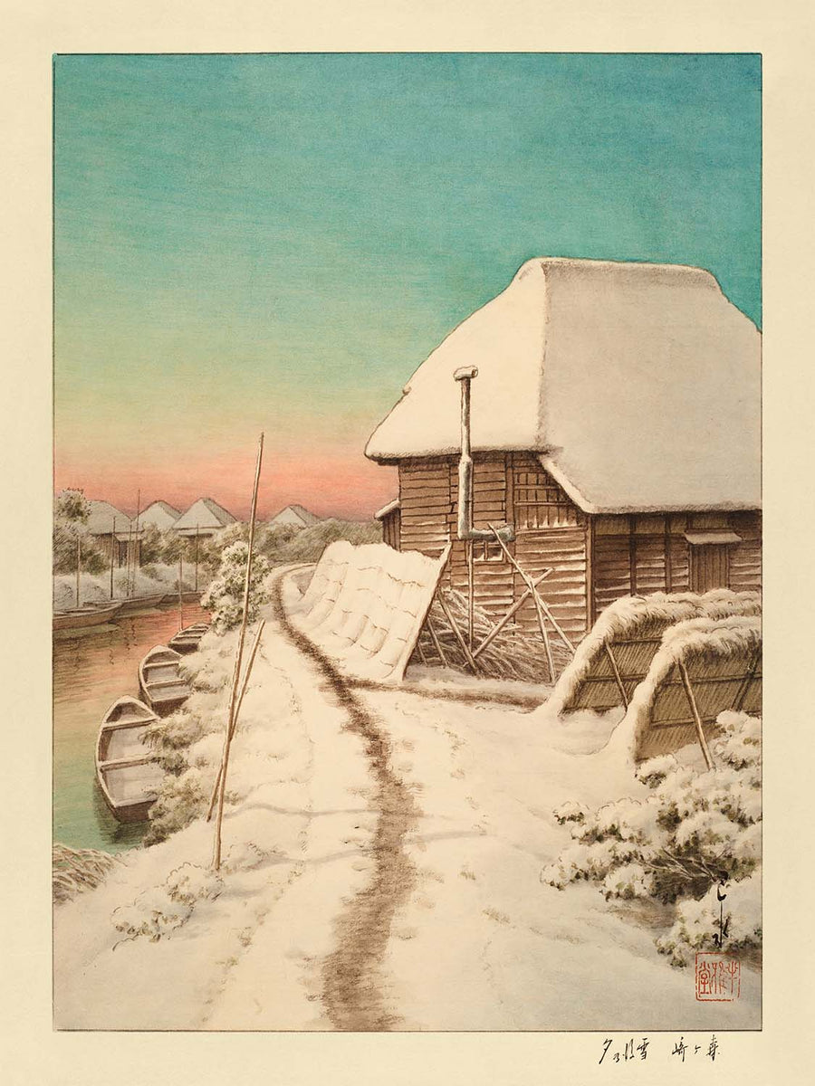Atardecer en el cielo de la tarde después de la nieve en Morigasaki de Hasui Kawase 1935 
