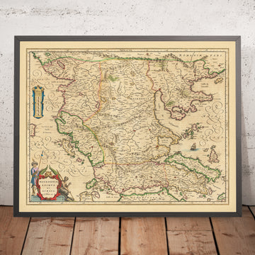 Old Map of Greece, Albania and Macedonia by Blaeu, 1659: Thessaloniki, Epirus, Pindus Mts, Mt Olympus, Ionian & Aegean
