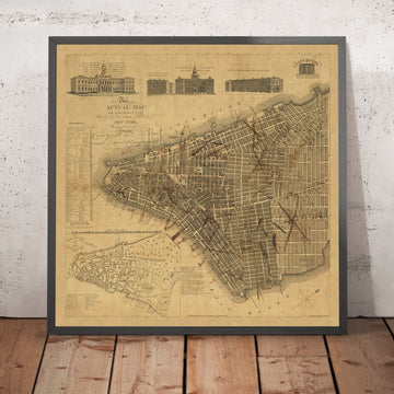 Alte Karte von New York von Longworth, 1817: Rathaus, Broadway, Wall St, Unteres Manhattan 