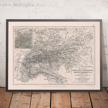Ancienne carte des campagnes de Napoléon en Italie, en Suisse et en Allemagne, 1796 