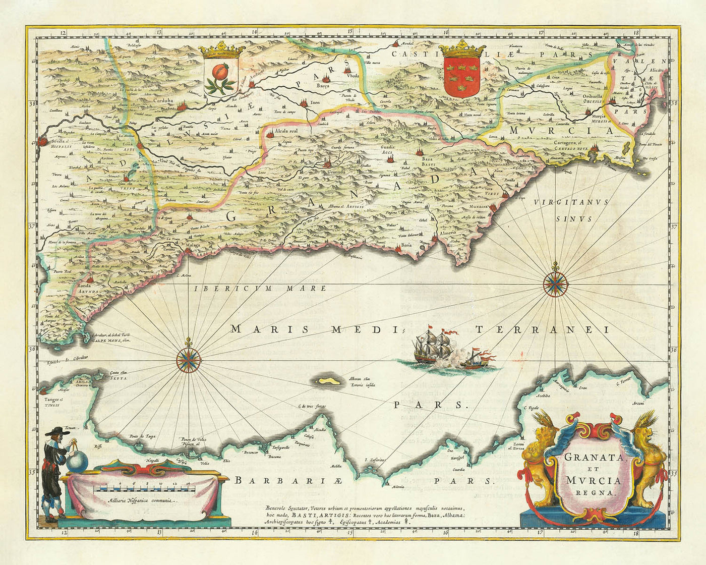 Mapa antiguo del sur de España por Blaeu, 1640: Granada, Murcia, Málaga, Batalla Naval 