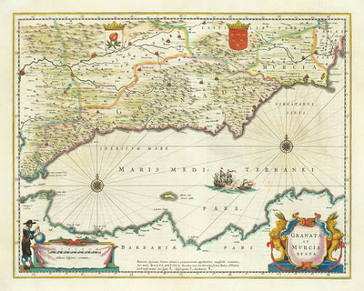 Mapa antiguo del sur de España por Blaeu, 1640: Granada, Murcia, Málaga, Batalla Naval 