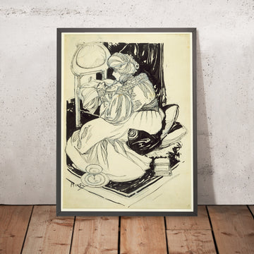 A framed image of Sarah Bernhardt Dining off a Chair by Alphonse Mucha, 1896