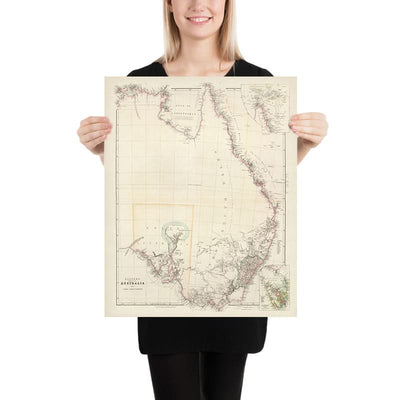 Old Map of Eastern Australia by Arrowsmith, 1844: Sydney, Adelaide, Hobart, Carpentaria, Tasmania