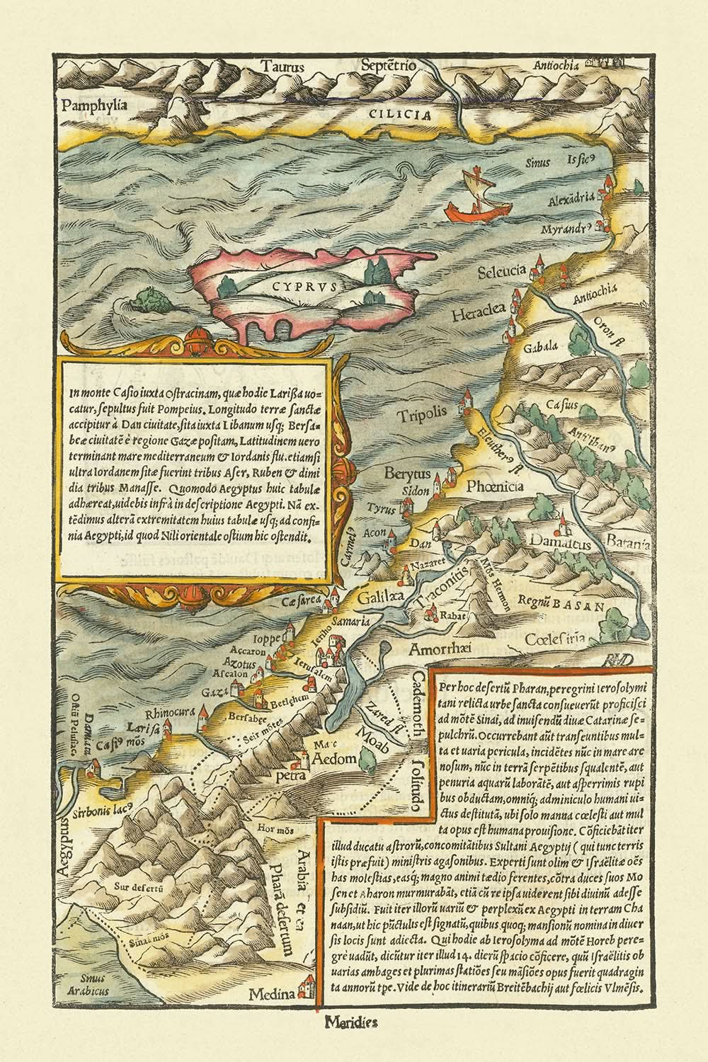 Mapa antiguo de Chipre y Tierra Santa de Münster, 1554: Jerusalén, Monte Sinaí, Medina, barcos de vela, Montes Tauro.