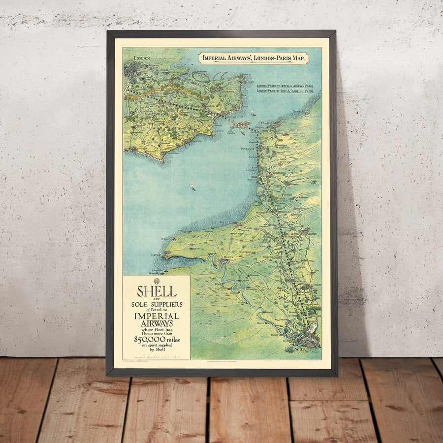 Mappa della vecchia rotta di Londra a Parigi in aereo, 1928: Imperial Airways, Croydon, biplano Handley Page 