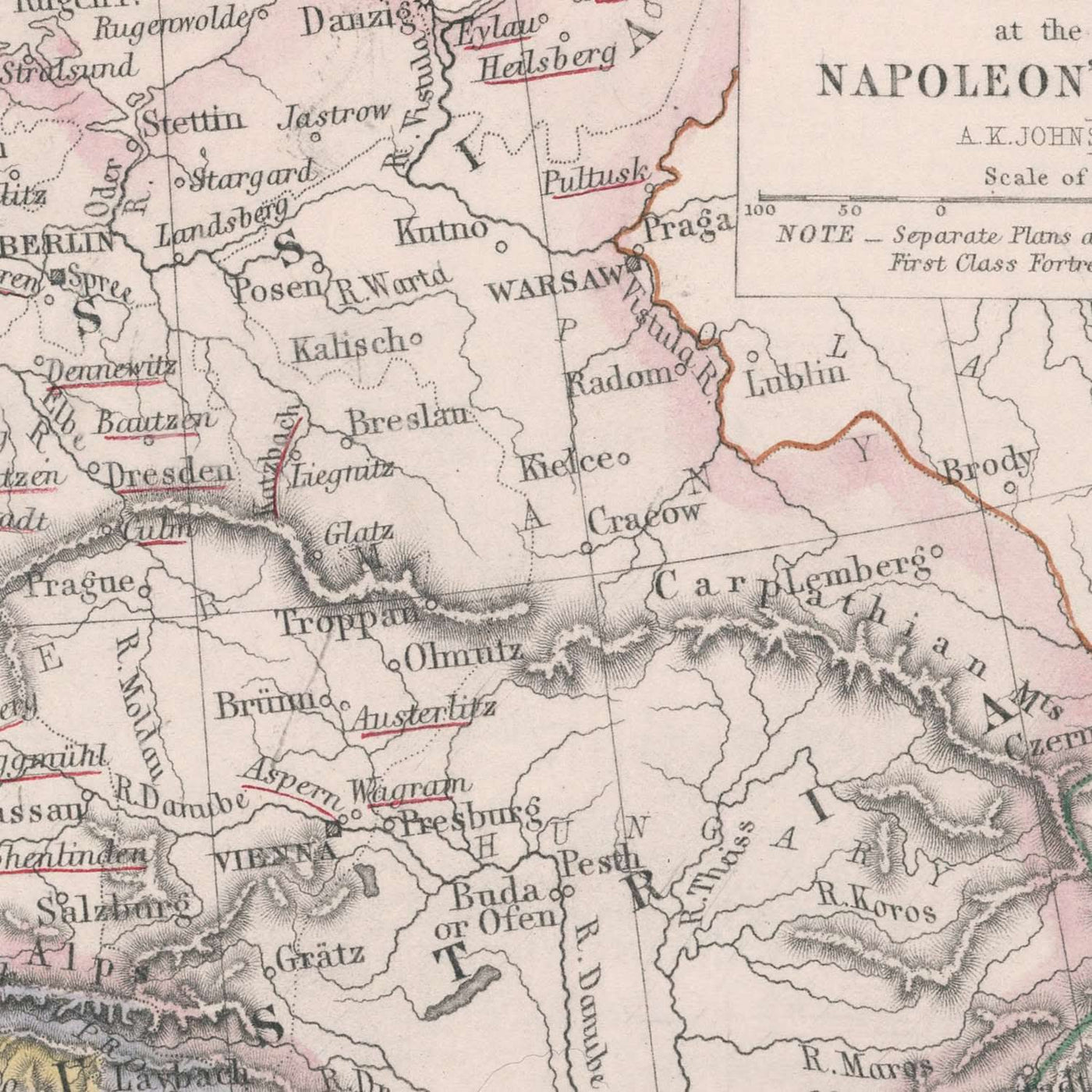 Alte Militärkarte des napoleonischen Europas von Johnston, 1812: Paris, Wien, Rom, Schlachten, Feldzüge