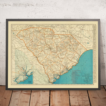 Ancienne carte de la Caroline du Sud, 1930 : encart de Charleston, Columbia, Greenville, chemins de fer et routes, rivière Savannah 