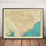 Ancienne carte de la Caroline du Sud, 1930 : encart de Charleston, Columbia, Greenville, chemins de fer et routes, rivière Savannah 
