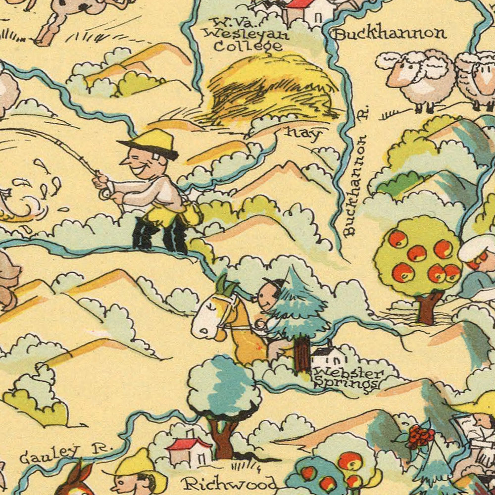 Pictorial Map of West Virginia by Ruth Taylor White, 1935: Charleston, Huntington, Coal Mining, Counties, Appalachia