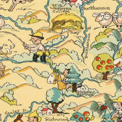 Pictorial Map of West Virginia by Ruth Taylor White, 1935: Charleston, Huntington, Coal Mining, Counties, Appalachia