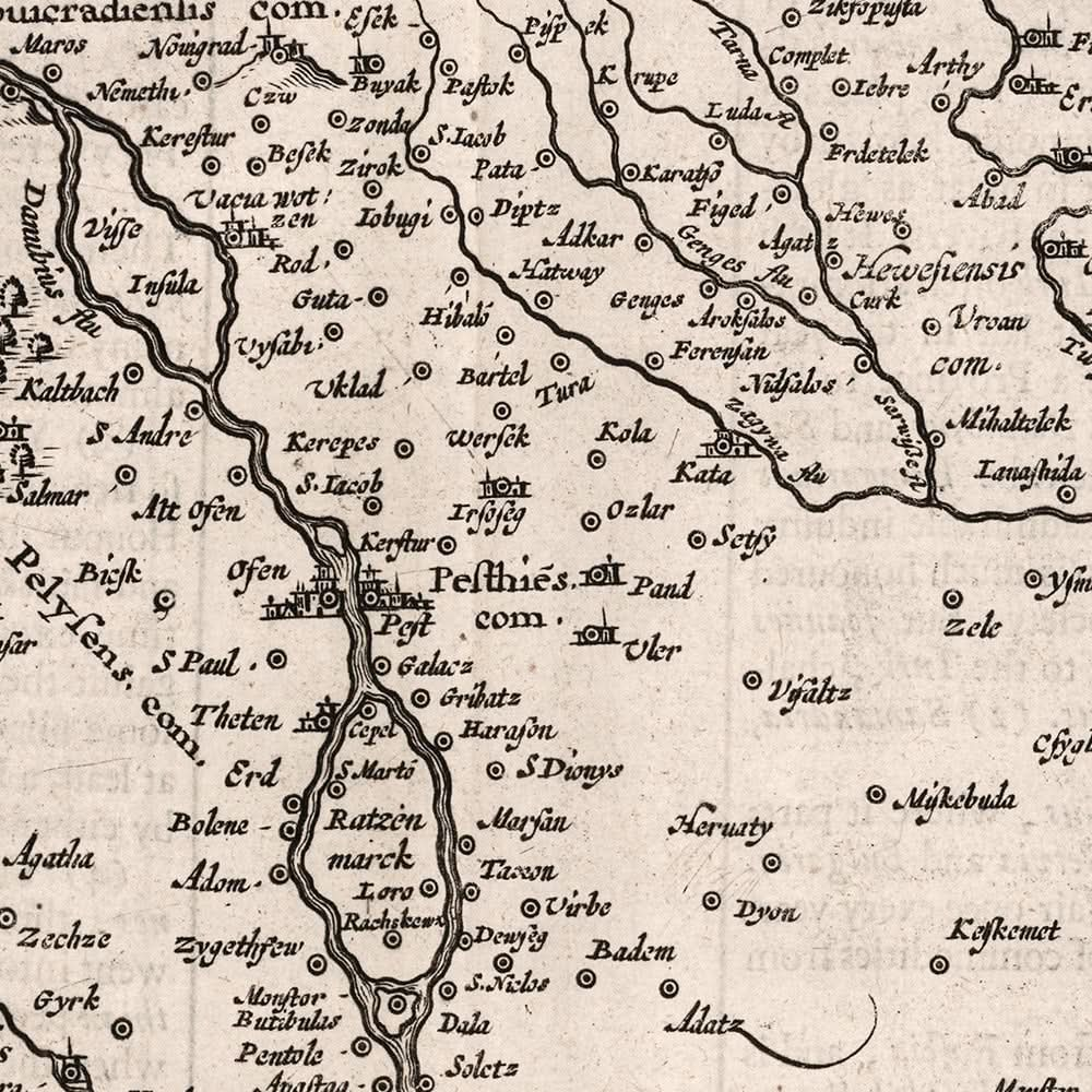 Old Monochrome Map of Hungary by Speed, 1626: Buda, Pest, Cluj, Mountains