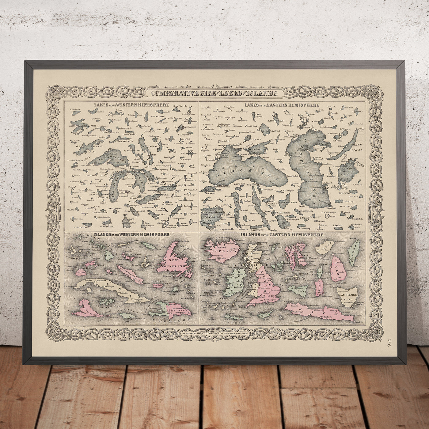 The Comparative Size of Lakes and Islands of the World, 1886: North & South Hemispheres, Great Lakes, Black Sea, etc.