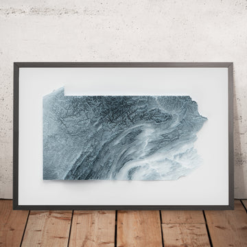 Ein gerahmtes Bild einer topografischen Reliefkarte im 3D-Stil vonPennsylvania