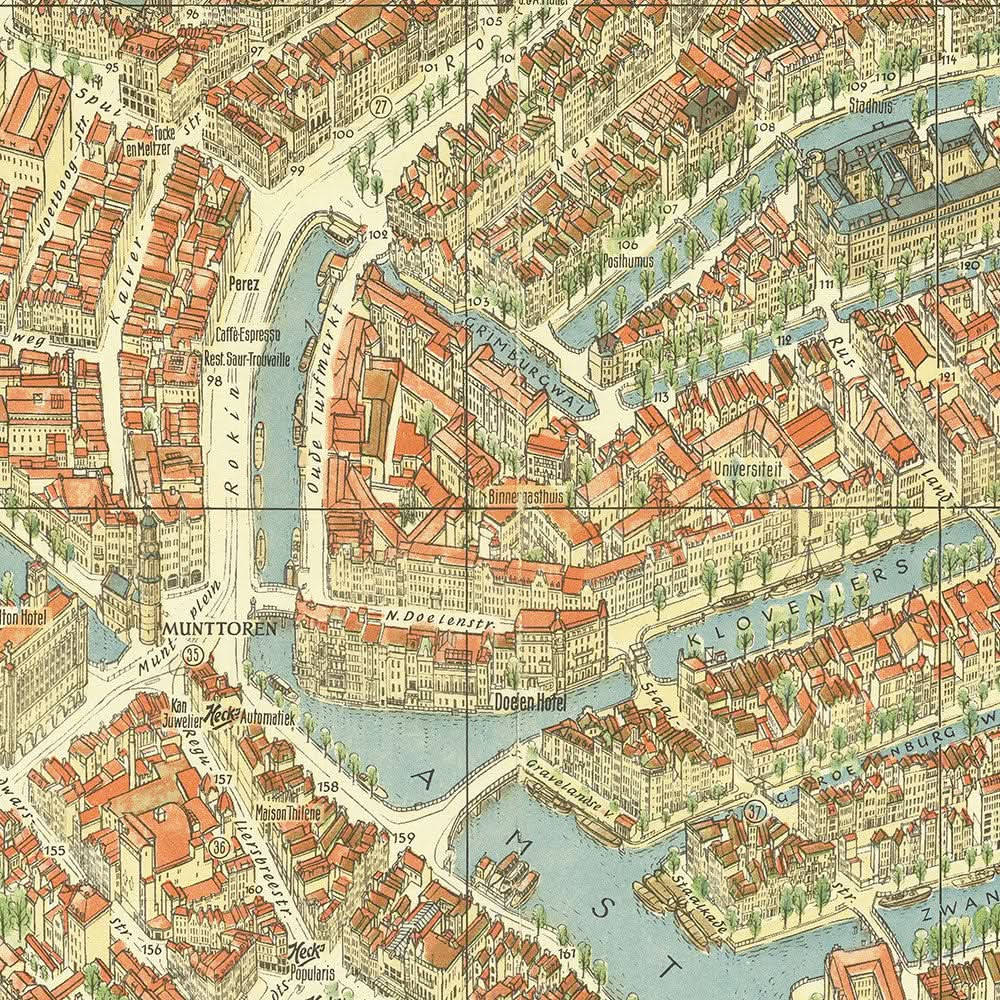 Old Birds Eye Map of Amsterdam by Bollmann, 1971: Central Station, Jordaan, Vondelpark, Canals, Churches