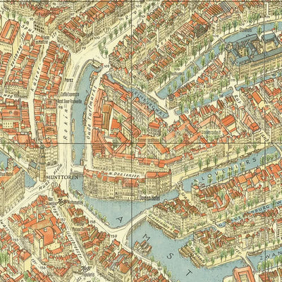 Mapa antiguo de Ámsterdam a vista de pájaro, realizado por Bollmann en 1971: Estación central, Jordaan, Vondelpark, canales, iglesias