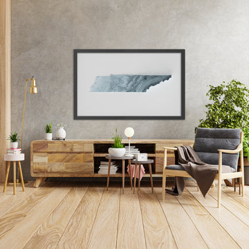Ein gerahmtes Bild einer topografischen Reliefkarte von Tennessee im 3D-Stil