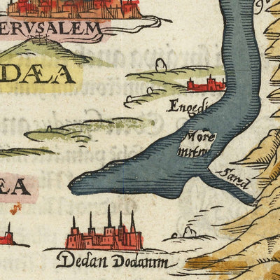 Antiguo mapa temático del Éxodo de Bunting, 1592: Jerusalén, Mar Rojo, Sinaí, Gosén, Madián