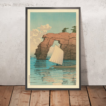 A framed image of Sailboat and Zaimoku Island in Matsushima by Hasui Kawase, 1935