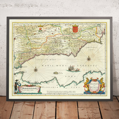 Mapa antiguo del sur de España por Blaeu, 1640: Granada, Murcia, Málaga, Batalla Naval 