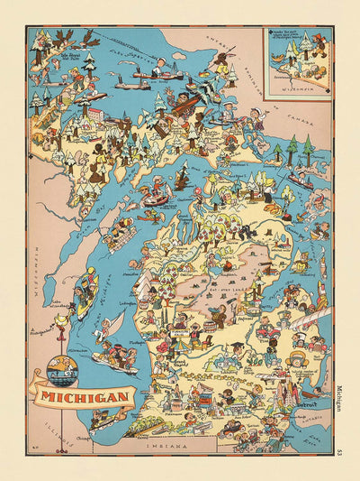 Pictorial Map of Michigan by Ruth Taylor White, 1935: Detroit, Great Lakes, Lumber, Autos, Orchards, Recreation