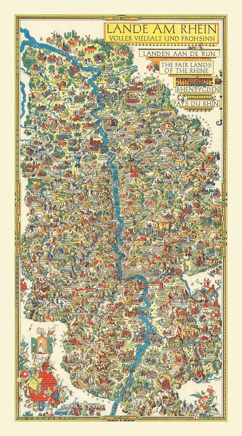 Old Pictorial Map of Germany by Faller, 1950: Rhine River Basin, Castles, Cologne, Düsseldorf