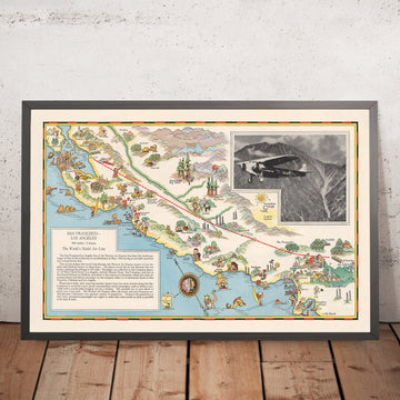 Old Pictorial Map of San Francisco–Los Angeles Air Route, 1929: Yosemite, Lake Tahoe, Monterey Bay, Grapevine Pass, Central Valley