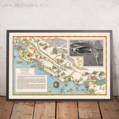 Old Pictorial Map of San Francisco–Los Angeles Air Route, 1929: Yosemite, Lake Tahoe, Monterey Bay, Grapevine Pass, Central Valley