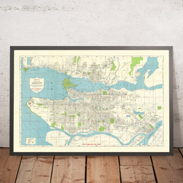 Ancienne carte de Vancouver par Wrigley, 1947 : Stanley Park, Lions Gate Bridge, Burrard Inlet, False Creek, fleuve Fraser 
