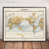 Old German World Map by Kiepert, 1891: Mercator projection, dual prime meridians, ocean currents