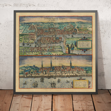 Mappa antica di Kaliningrad e Riga di Braun & Hogenberg, 1599: Chiese, Torri, Navi, Porti, Abbigliamento 