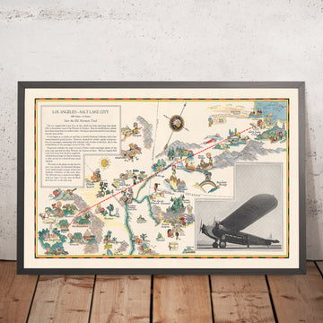 Pictorial Map of Los Angeles–Salt Lake City Air Route, 1929: Western Air Express, Tri-Motored Fokker, Las Vegas, Great Salt Lake, Zion National Park