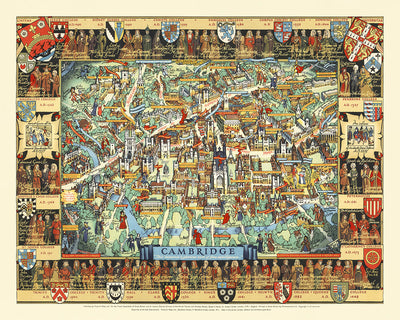 Old Pictorial Map of Cambridge by Lee, 1948: King's College, River Cam, Bridge of Sighs, Trinity College, St. John's