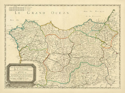 Ancienne carte du nord de l'Espagne par Sanson, 1652 : Burgos, Valladolid, fleuve Duero, golfe de Gascogne, frontières