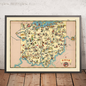 Mapa pictórico de Ohio de Ruth Taylor White, 1935: Columbus, Cleveland, Cincinnati, industria, ferrocarriles 
