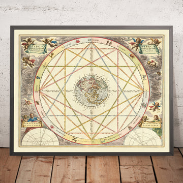 Carte du monde en projection polaire et tableau zodiacal céleste par Cellarius, 1660 