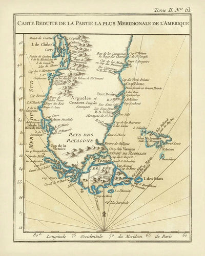 Mapa antiguo de la Patagonia y el estrecho de Magallanes de Bellin, 1764: estrecho, Patagonia, Andes, Cabo de Hornos, Malouines