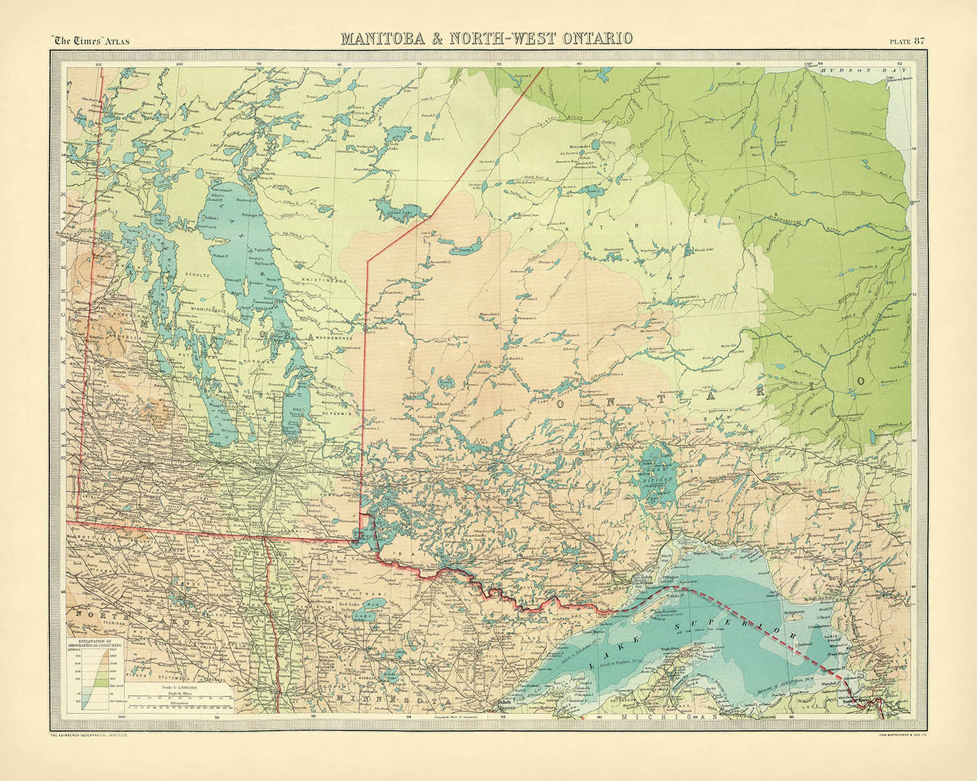 Old Map of Manitoba & Northwest Ontario by Bartholomew, 1922: Winnipeg, Thunder Bay, Lake Winnipeg, Hudson Bay