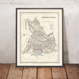 Alte Karte von Breconshire, Wales von Lewis, 1844: Brecon, Hay-on-Wye, Brecon Beacons, Fluss Usk, Llangorse Lake 