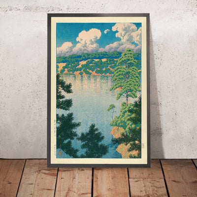 A framed image of Karasu Marsh in Akita by Hasui Kawase, 1935