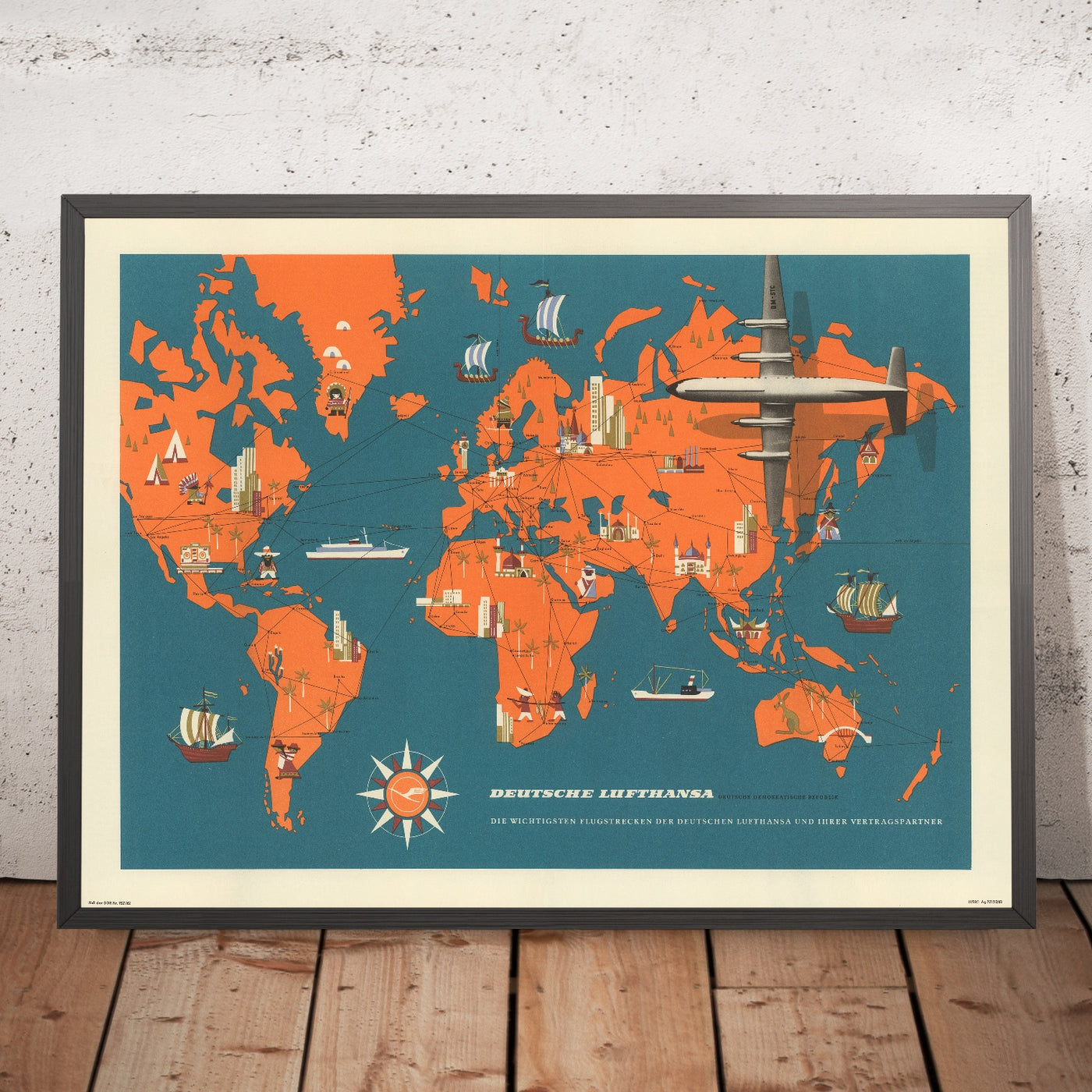 Old East German Lufthansa Flight Routes World Map, 1962: Cold War PR ...